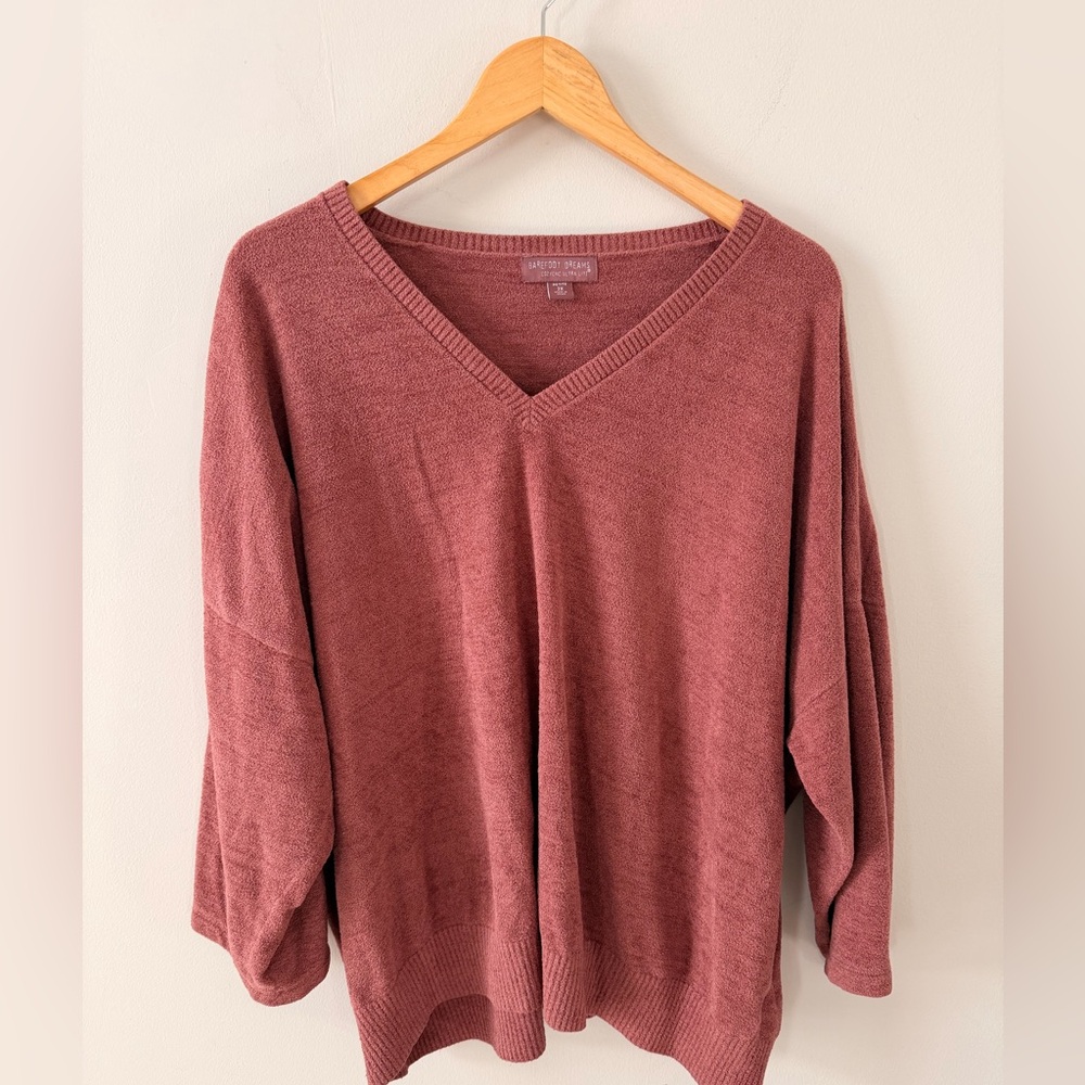 Barefoot Dreams CozyChic Ultra Lite V-Neck Sweater Petite 2X Mauve Pink‎